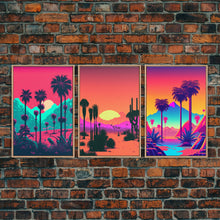 Carregar imagem no visualizador da galeria, California Desert Art, Retro / Vaporwave / Synthwave 80s Vibes 3 Piece Canvas Prints, Game Room Art, Living Room / Bed Room Retro Decor
