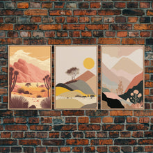 Load image into Gallery viewer, Abstract Cactus Desert Print Set of 3 Prints, Boho Decor, Desert Sun Moon Wall Art, Terracotta Blush Black Art, Framed Canvas
