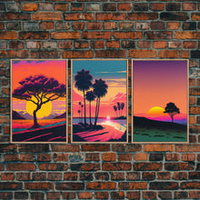 Load image into Gallery viewer, Triptych 3 panel Wall Art, Framed Canvas Prints, Synthwave Landscape Decor, MCM 80s Vibes Retro Style 3 Piece Art
