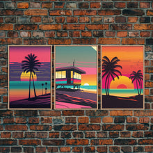 Carregar imagem no visualizador da galeria, Beach Vibes, 3 Panel Wall Art, Framed Canvas Prints, Triptych Art, 3 Piece, 80s Vibes Vaporwave Wall Art, Life Guard Hut and Palm Trees
