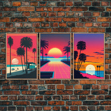 Load image into Gallery viewer, Midcentury Modern Wall Art, Mid Century Modern, 3 Piece Framed Canvas, 3 Panel Art, Triptych Art, Vaporwave Palm Trees and Sunset, 80s Retro
