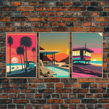 Load image into Gallery viewer, MCM Style Retro Wall Decor, Framed Canvas Prints, Triptych 3 Panel Wall Art, Retrowave Beach Art, Synthwave / Vaporwave Architecture Art
