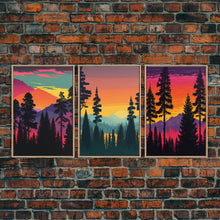 Load image into Gallery viewer, 3 Piece Retro Style Forest Wall Art Canvas Print, Set of 3 Forest Landscape Art, Green Forest, Nature, Modern Art, Minimalist, Misty, Decor
