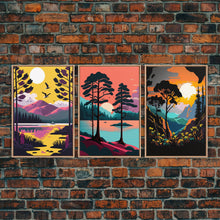 Load image into Gallery viewer, 3 Piece Framed Canvas Wall Art Wood Panel Effect Mountain Range Top Print Modern Art, Rustic Living Room Wall Art, Western Decor, Retro Feel
