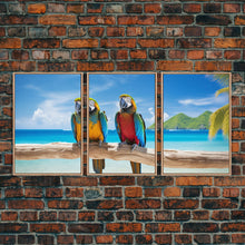 Cargar imagen en el visor de la galería, Parrot Wall Art, Tropical Wall Art, Beach Art Print, Seascape Print, Canvas Print, Wall Art, 3 Piece Wall Art, Apartment Wall Decor
