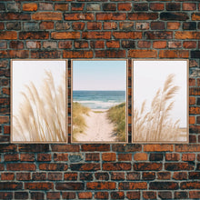 Load image into Gallery viewer, Framed Beach Photography Prints, 3 Piece Set, Minimalist Boho Beach Decor, Beach House Art, Rustic Decor, 3 Panel Art Prints
