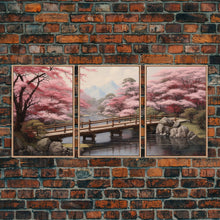 Cargar imagen en el visor de la galería, Cherry Blossom Wall Art, Japanese Print, Landscape Wall Art, Canvas Print, Wall Art, 3 Piece Wall Art, Farmhouse Wall Decor, Above Bed Art
