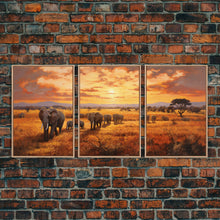 Load image into Gallery viewer, Elephant Print, Animal Wall Art, Sunset Print, Canvas Print, Wall Art, 3 Piece Wall Art, Nature Print, Retirement Gifts, Modern Office Art
