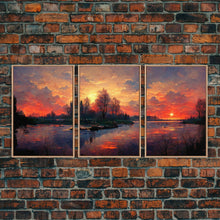Carregar imagem no visualizador da galeria, Forest Sunset Wall Decor, Oil Painting Style, 3 Piece Wall Art, Ready To Hang Canvas Print, Cool Unique Living Room Wall Art Decor
