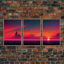 Load image into Gallery viewer, Cyber punk City At Sunset, Outrun, 3 Piece Wall Art, Ready To Hang Canvas Print, Cool Unique Mancave wall Art Decor
