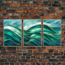 Load image into Gallery viewer, Emerald Green Wall Decor, Sea Green Ocean Waves Abstract, 3 Piece Canvas Decor, 3 Piece Wall Art, Ready To Hang Canvas Prints
