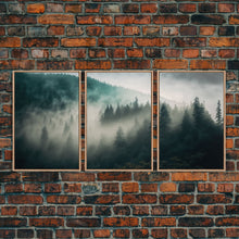 Load image into Gallery viewer, 3 piece Misty forest Fog wall art Foggy forest Farmhouse decor Foggy landscape Forest canvas print Multi panel canvas Trendy wall decor
