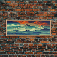 Carregar imagem no visualizador da galeria, Beautiful Fantasy Mountain Landscape With Orange Clouds, Framed Canvas Print, Ready To Hang Panoramic Wall Decorr
