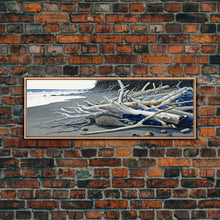 Carregar imagem no visualizador da galeria, Driftwood, Panoramic Framed Canvas Print, Pacific Northwest / Washington State Driftwood Washed Up On The Shore, Extra Wide Format Art
