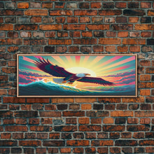 Carregar imagem no visualizador da galeria, American Bald Eagle, Panoramic Wall Art, Framed Canvas, Retro Style Eagle Painting, Synthwave Ocean Sunset Art
