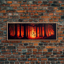 Load image into Gallery viewer, Forest Landscape Art, Forest Fire, Fall / Autumn Decor, Panoramic Wall Art, Framed Canvas Print, Orange and Yellow Fantasy Forest
