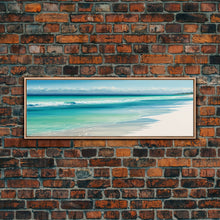 Load image into Gallery viewer, Blue Beach and Ocean Waves Panoramic Framed Canvas Print - Perfect for Living Room, Bedroom, Office Decor
