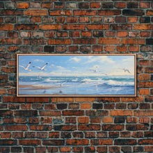 Load image into Gallery viewer, Blue Beach, Ocean Waves &amp; Seagulls Panoramic Framed Canvas Print - Perfect for Living Room, Bedroom, Office Decor
