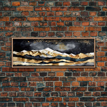 Carregar imagem no visualizador da galeria, Black &amp; Gold Mountain Landscape Painting, Framed Canvas Print, Panoramic Art, Extra Wide Art, Center Piece Decor, Above Fireplace or Sofa
