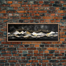 Cargar imagen en el visor de la galería, Black &amp; Gold Mountain Landscape Painting, Framed Canvas Print, Panoramic Art, Extra Wide Art, Center Piece Decor, Above Fireplace or Sofa
