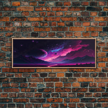 Load image into Gallery viewer, Beautiful Science Fiction Wall Art, Synthwave Style Scifi Art, Framed Canvas Print, Panoramic Alien Worlds and Star Filled Night Sky
