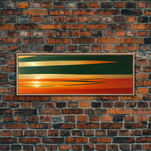 Carregar imagem no visualizador da galeria, Art Deco Wall Art, Framed Canvas Print, Emerald Green and Gold Palm Tree Leaves and Sunset, Panoramic Ultrawide Art, Large Format Wall Decor
