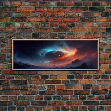 Load image into Gallery viewer, Beautiful Science Fiction Wall Art, Synthwave Style Scifi Art, Framed Canvas Print, Panoramic Alien Worlds and Star Filled Night Sky
