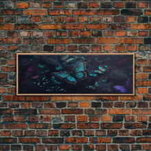 Load image into Gallery viewer, Blue Butterflies, Framed Canvas Print, Bioluminescent Glowing Butterfly Art, Framed Wall Art

