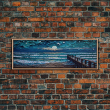 Load image into Gallery viewer, Panoramic Van Gogh Inspired Beach, Framed Canvas Print, Cool Painting, Full Moon Over Rolling Waves, Soothing Abstract Beach Decor
