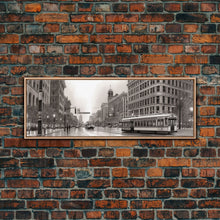 Load image into Gallery viewer, Detailed Street Sketch Canvas Print, City Wall Art, Bus, Cars, Buildings, Monochromatic Urban Art Print, Panoramic, Wall Art, Canvas Print
