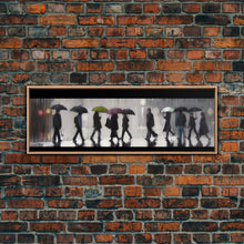 Load image into Gallery viewer, Crowd Walking With Umbrellas Canvas Print, Raining City Art, Urban Art, Large Urban Art Print, Wall Decor, Panoramic, Wall Art, Canvas Print
