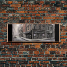 Load image into Gallery viewer, Dystopian City Canvas Print, Buildings, Man On Street, Urban Art, Large Urban Art Print, Wall Decor, Panoramic, Wall Art, Canvas Print
