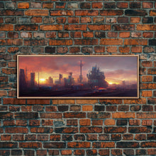 Load image into Gallery viewer, Cyberpunk City, Night City Watercolor, Ready To Hang Canvas Print, Panoramic, Videogame Concept Art, Watercolor Painting Of a Cyberpunk City
