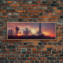 Load image into Gallery viewer, Cyberpunk Cityscape, Metropolis Art, Ready To Hang Canvas Print, Panoramic, Night City Watercolor Concept Art
