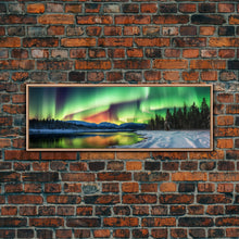 Carregar imagem no visualizador da galeria, Aurora Borealis, Northern Lights Panoramic Framed Canvas Print, Beautiful Winter Wonderland Landscape Painting
