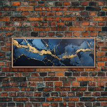 Carregar imagem no visualizador da galeria, Black, Blue and Gold Marble Canvas Wall Art, Abstract Canvas Art, Panoramic Art, Large Wall Art, Marble Wall Decor, Large Canvas Modern Art
