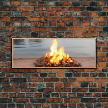 Carregar imagem no visualizador da galeria, Campfire On The Beach, Framed Canvas Print, Lakehouse Wall Art, Ocean Decor, Ocean Wall Art, Home &amp; Office Decoration
