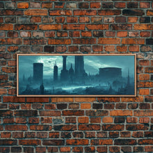Load image into Gallery viewer, Dystopian Cyberpunk Metropolis, Steampunk Mashup, Extra Large Wall Art, Framed Panoramic Canvas Print, Framed Wall Art
