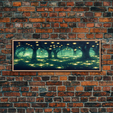 Carregar imagem no visualizador da galeria, Fantasy Forest At Night With Fireflies, Extra Large Wall Art, Framed Panoramic Canvas Print, Framed Wall Art
