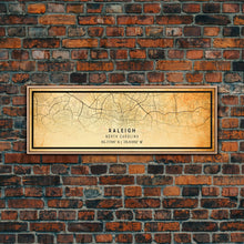 Load image into Gallery viewer, Panoramic Raleigh North Carolina map print poster or framed canvas, Raleigh map print poster canvas, city map Canvas print, Travel Art
