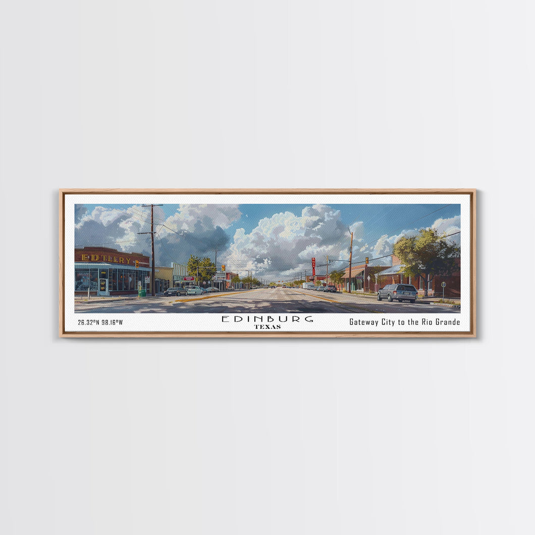 Edinburg Texas Panoramic Watercolor Painting, Scenic Framed Canvas Print, Urban Wall Art for Office, Travel Poster, Home Decor, City Gift Idea