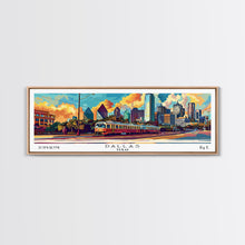 Load image into Gallery viewer, Dallas Texas Panoramic Wall Art Framed Canvas Print, Mid Century Modern Art, Pop Art Style, Travel Poster, Home Decor, Wall Hanging

