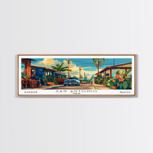 Load image into Gallery viewer, San Antonio Texas Panoramic Wall Art, Mid Century Modern Framed Canvas Print, Retro Pop Art Travel Poster, Home Decor
