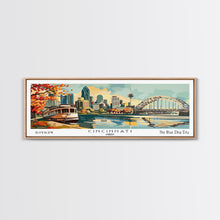 Cargar imagen en el visor de la galería, Cincinnati Ohio Panoramic Wall Art, Retro Pop Art Framed Canvas Print, Mid Century Modern Travel Poster, Living Room Decor, Wall Hanging, Office Art
