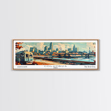 Load image into Gallery viewer, Columbus Ohio Panoramic Painting, Mid Century Modern Framed Canvas Print, Retro Pop Art Travel Poster, Wall Art, Home Decor, Office Art, Gift Idea
