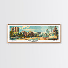 Load image into Gallery viewer, Detroit Michigan Panoramic Wall Art, Mid Century Modern Framed Canvas Print, Retro Pop Art Travel Poster, Office Art, Living Room Decor
