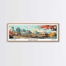 Load image into Gallery viewer, Durham North Carolina Panoramic Painting, Mid Century Modern Framed Canvas Print, Retro Pop Art Travel Poster, Wall Decor, Home Decor, Wall Hanging

