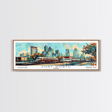 Load image into Gallery viewer, Fort Worth Texas Panoramic Wall Art, Mid Century Modern Framed Canvas Print, Retro Pop Art Travel Poster, Office Art, Living Room Decor
