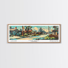 Carregar imagem no visualizador da galeria, Fresno California Panoramic Wall Art, Retro Pop Art Framed Canvas Print, Mid Century Modern Travel Poster, Living Room Decor, Wall Hanging, Office Art
