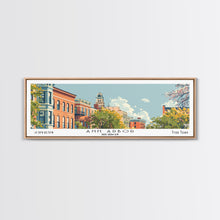 Carregar imagem no visualizador da galeria, Ann Arbor Michigan Panoramic Painting, Mid Century Modern Framed Canvas Print, Retro Pop Art Travel Poster, Living Room Wall Art Decor, City Print
